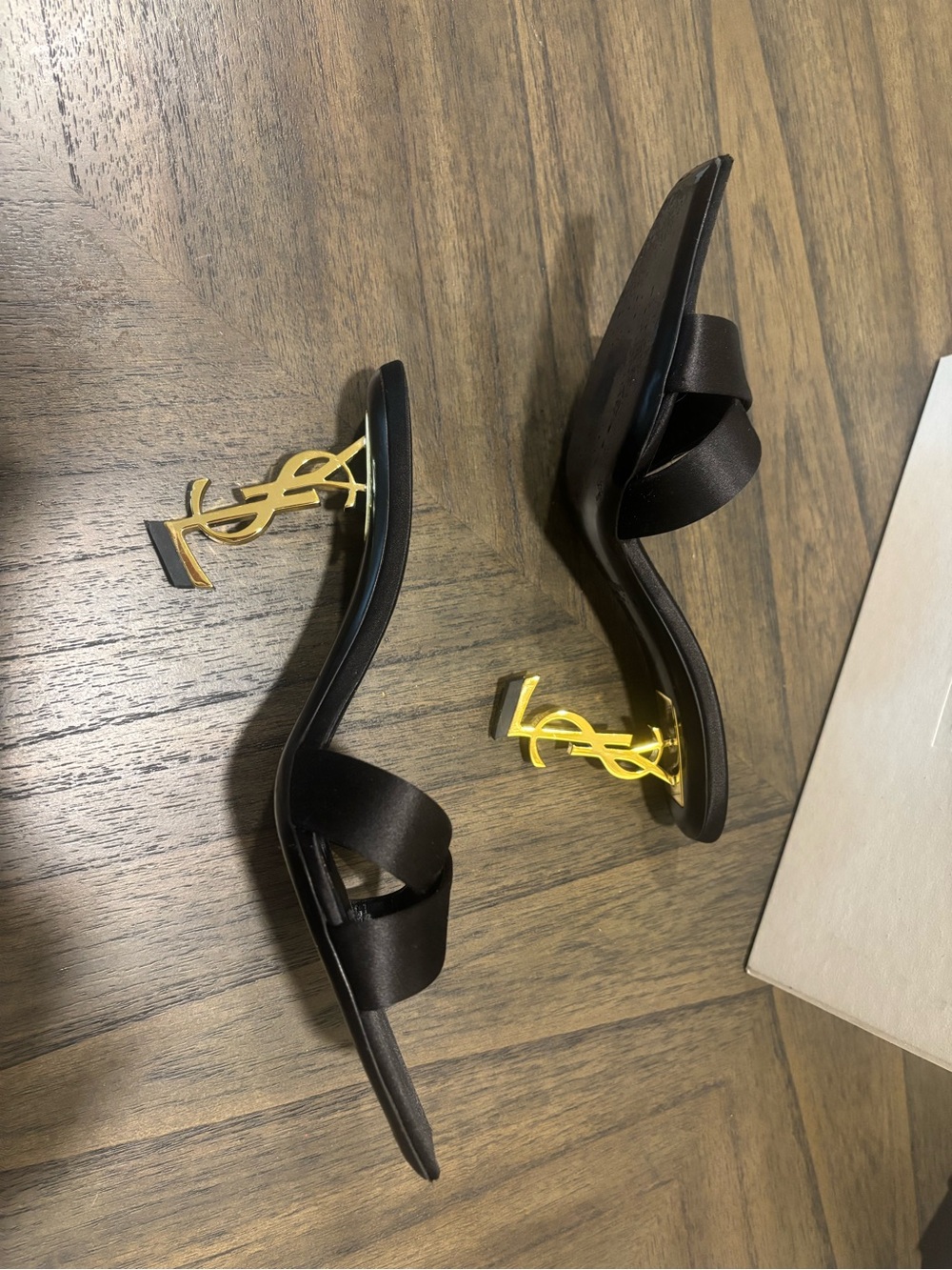 AUTHENTIC Saint Laurent Black Satin YSL-Logo Heeled Sandals - Picture 2 of 5